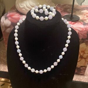 Elegant Lavender and White Beaded Necklace, Bracelet, and Earring Set